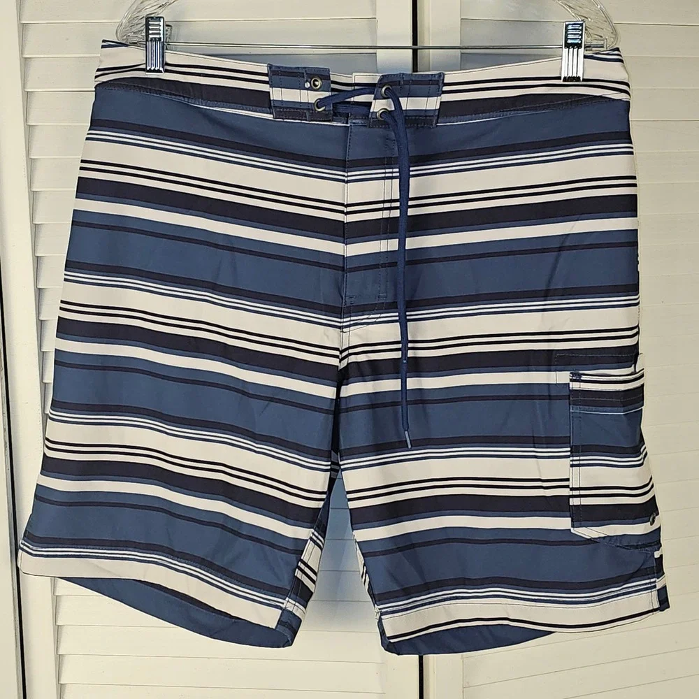 J by J Crew Flex Mens Blue White Striped Swim Trunks 34